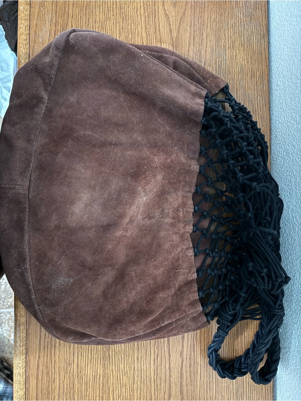 Urban Outfitters Brown Suede Shoulder Bag with Black Macramé Detailing